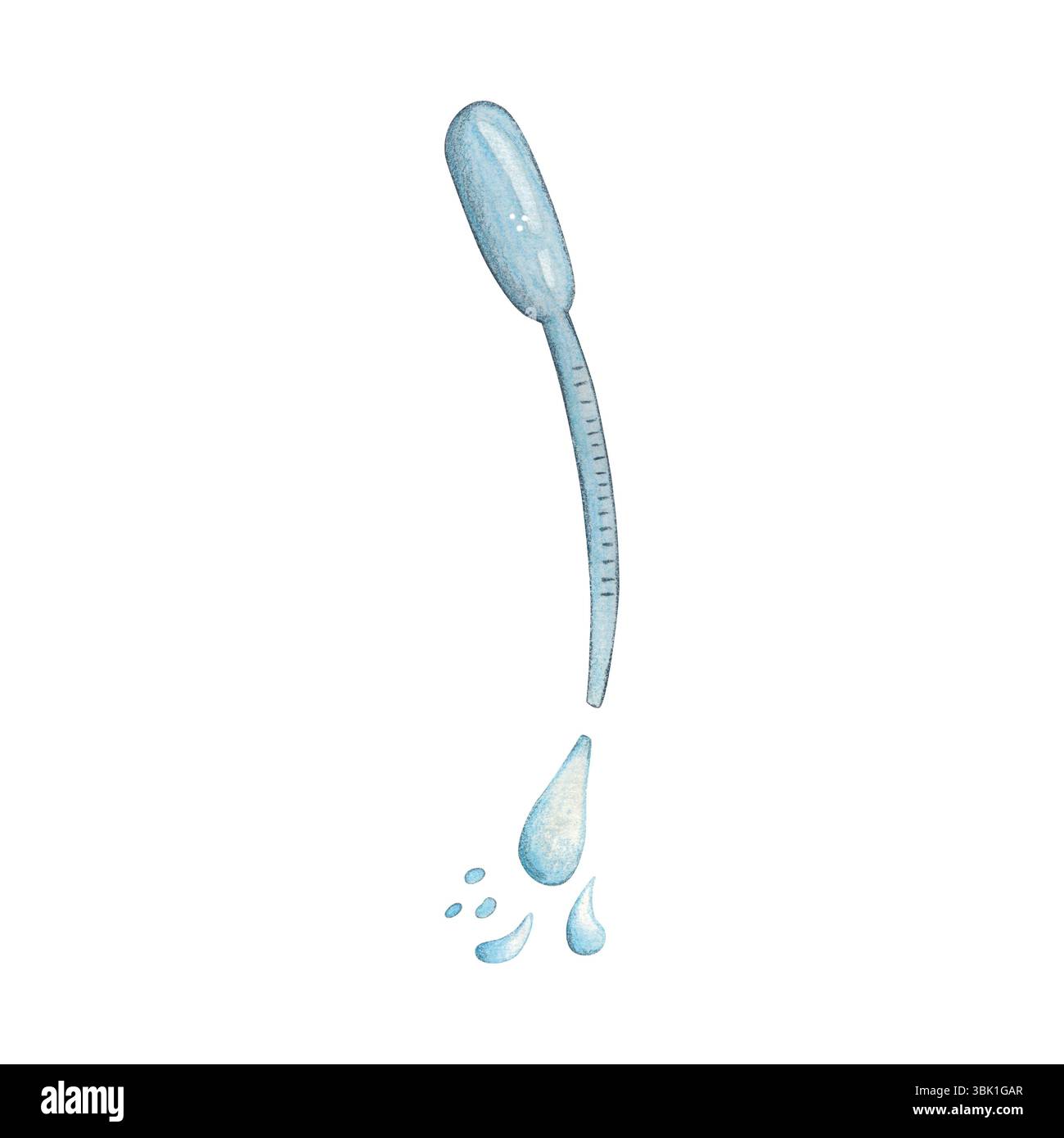 Pipetta da laboratorio e gocce che volano da essa. Illustrazione acquerello cartone animato disegnato a mano. Disegno per tessuti, carta, biglietti e inviti Foto Stock