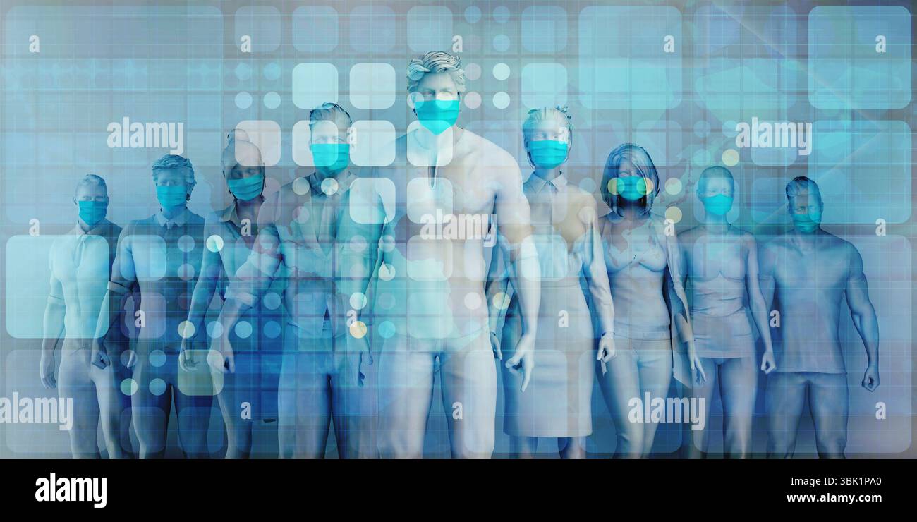 Gruppo di persone che indossano maschere chirurgiche in piedi insieme prevenzione e. Concetto delle procedure di sicurezza Foto Stock