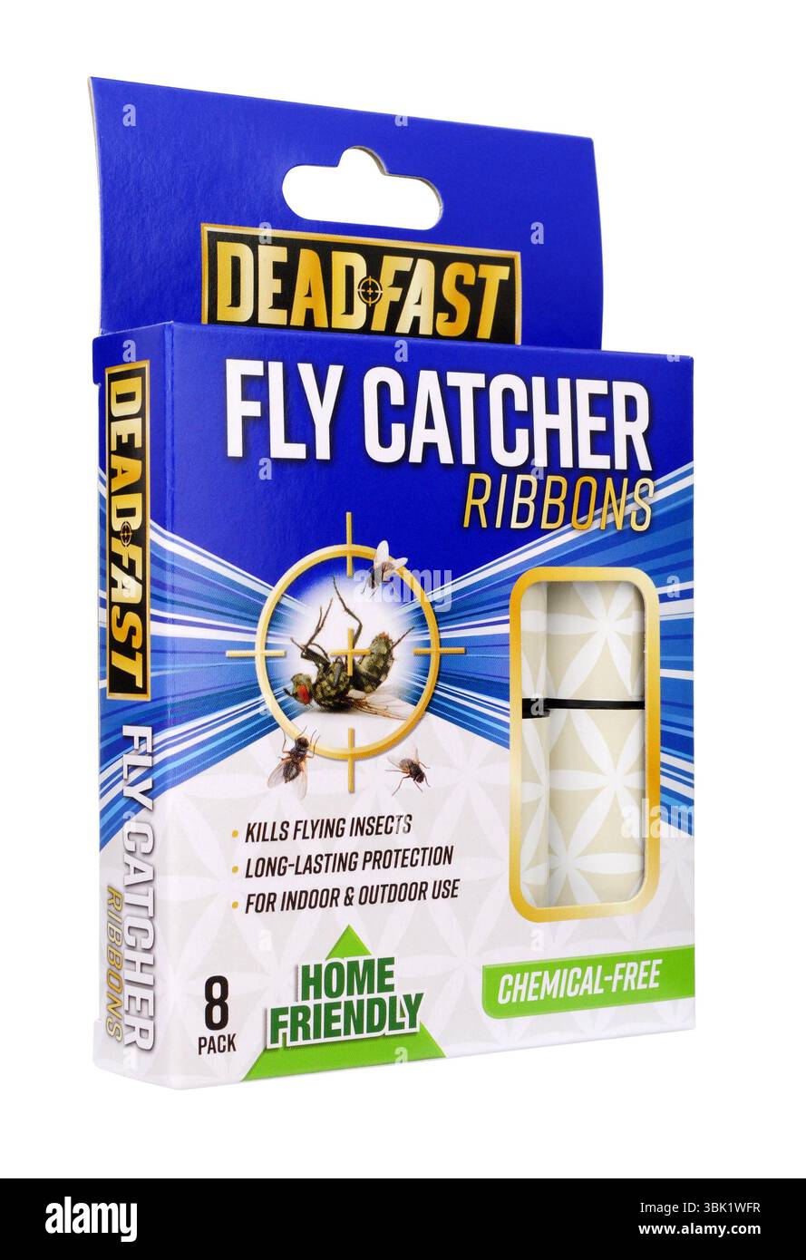 Nastri Deadfast Fly Catcher in una confezione contenente otto nastri privi di sostanze chimiche Foto Stock
