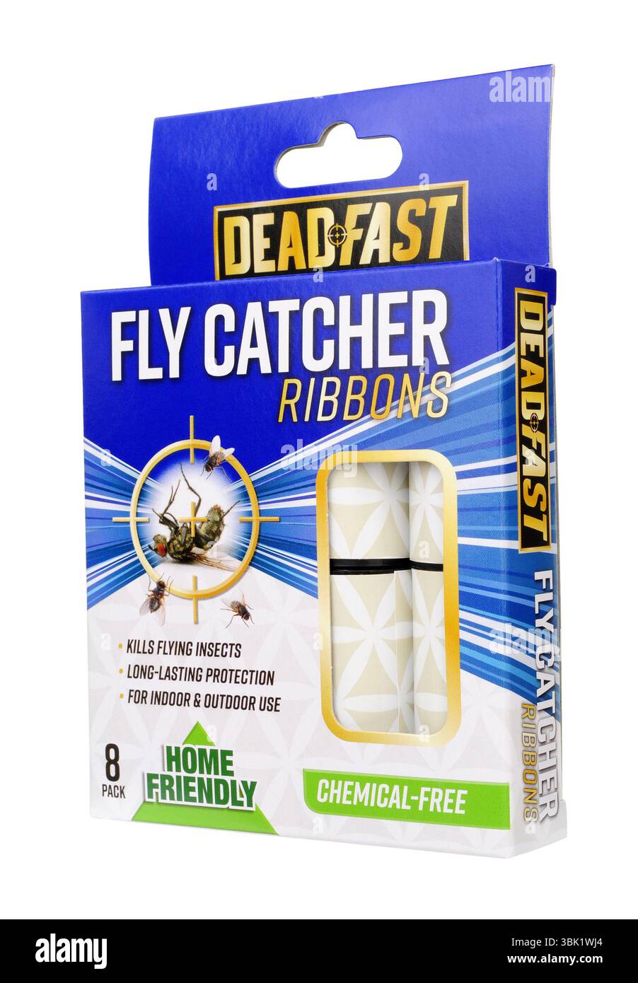 Nastri Deadfast Fly Catcher in una confezione contenente otto nastri privi di sostanze chimiche Foto Stock