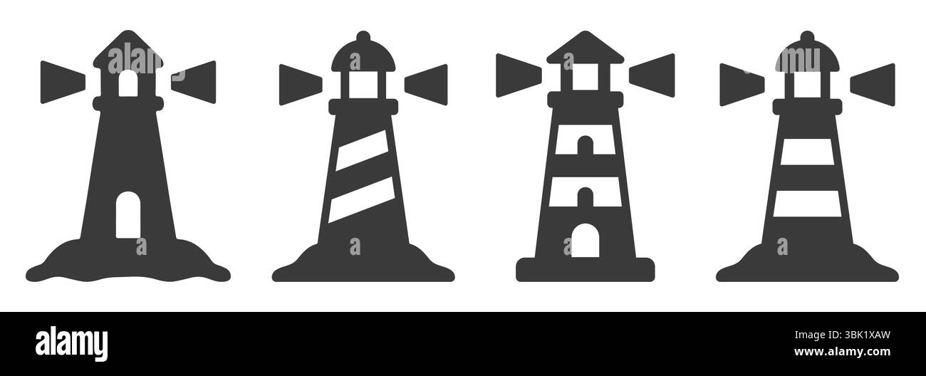 Set forma simbolo icona faro. Collezione di insegne con logo Light House. Faro rotante Sea Navigation Shore. Illustrazione della silhouette vettoriale. Isolato su Who Illustrazione Vettoriale