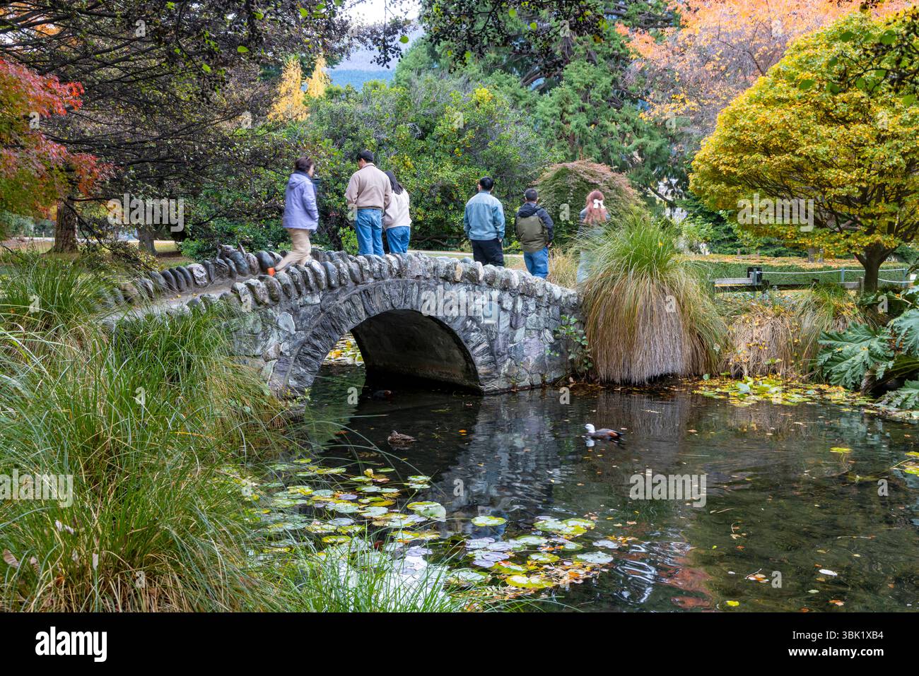Giardini botanici e parchi di Queenstown con piccolo ponte in pietra sul laghetto, regione di Otago, Isola del Sud, nuova Zelanda, 2025 Foto Stock