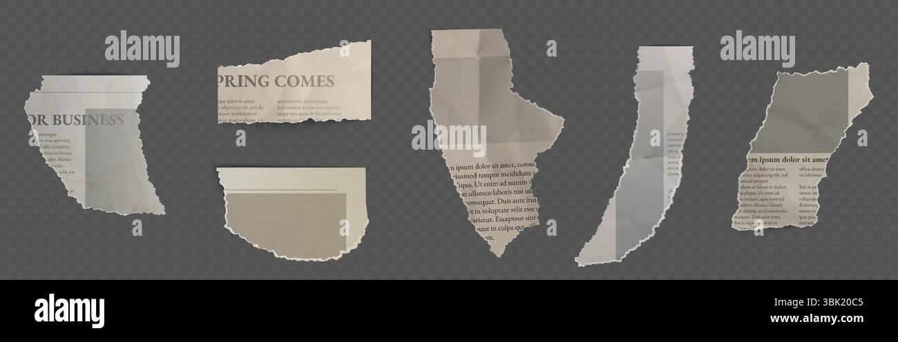 Frammenti di giornali strappati, frammenti di carta strappati con testo. Notizie schiacciate che ritagliano pezzi, vecchi resti di pagine distrutte. Fogli danneggiati dal libro o dal diario. Collage grunge o elemento di design scrapbooking. Illustrazione Vettoriale