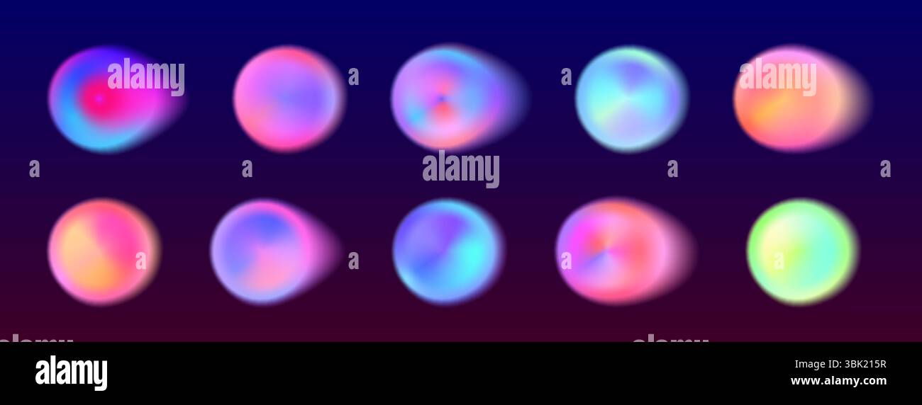 Set di cerchi vibranti sfumati con effetti di aura soffusa su bg scuro: Sfere luminose colorate in tonalità rosa, blu, viola, arancione e verde per un design digitale moderno, un'interfaccia Web o progetti artistici astratti. Illustrazione Vettoriale