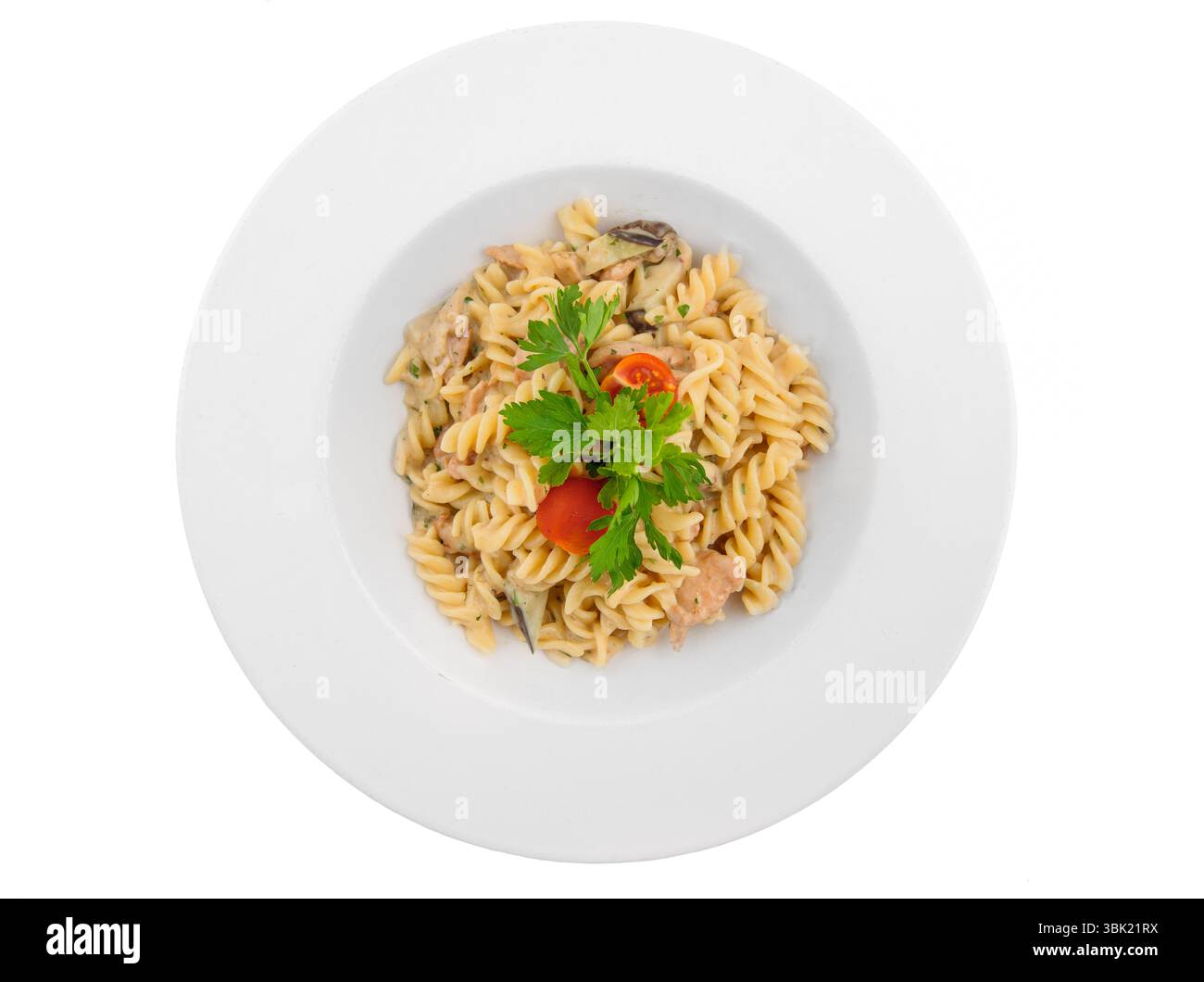 Pasta deliziosa su una foto di primo piano del piatto bianco Foto Stock