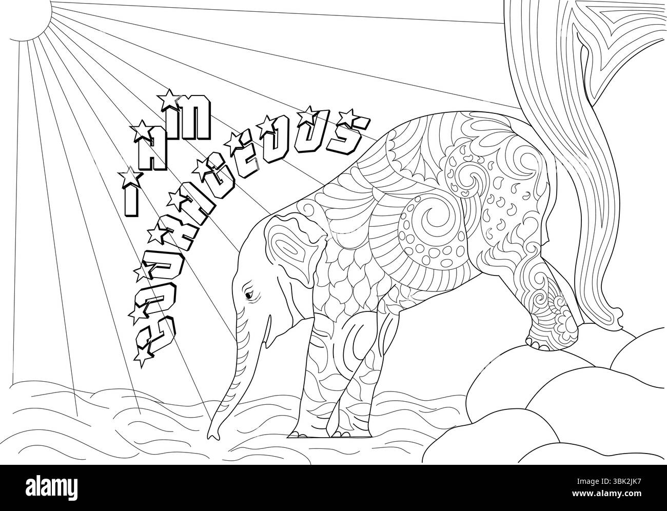 Illustrazione line art per colorare un elefante stilizzato con l'affermazione che SONO CORAGGIOSO con scritte stellate sopra di esso. Ideale per min Illustrazione Vettoriale