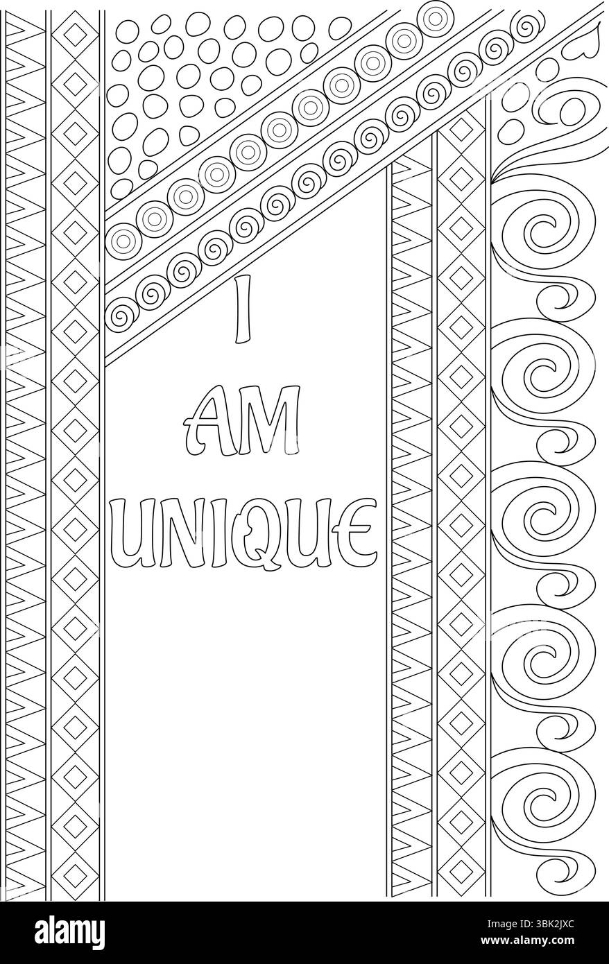 Pagina di colorazione per adulti con testo di affermazione positiva sono UNICO circondato da motivi astratti e geometrici. Design grafico in bianco e nero Illustrazione Vettoriale