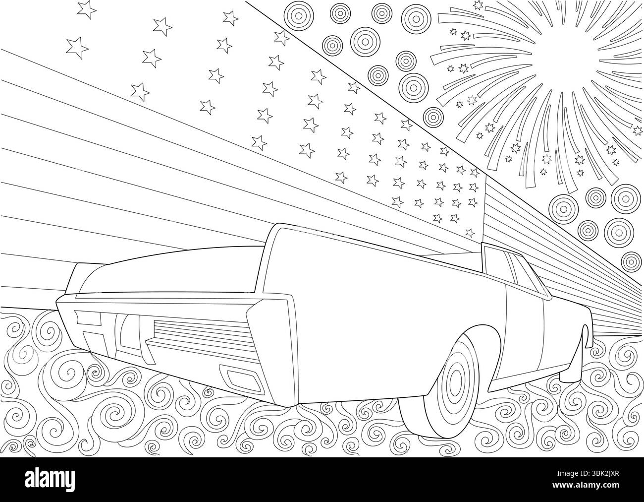 Disegno in bianco e nero con una classica auto d'epoca americana con bandiera statunitense, fuochi d'artificio e vortici decorativi sullo sfondo. Ideale come Illustrazione Vettoriale