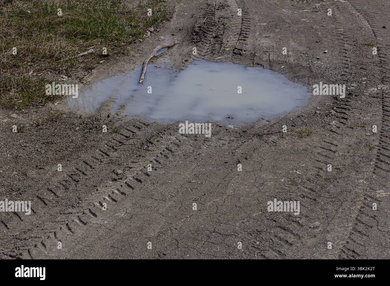 I segni degli pneumatici creano dei motivi su terreni sterrati in prossimità di una pozzanghera poco profonda che riflette la luce del sole suggerendo condizioni di bagnato dopo un temporale in un paesaggio aperto. Foto Stock