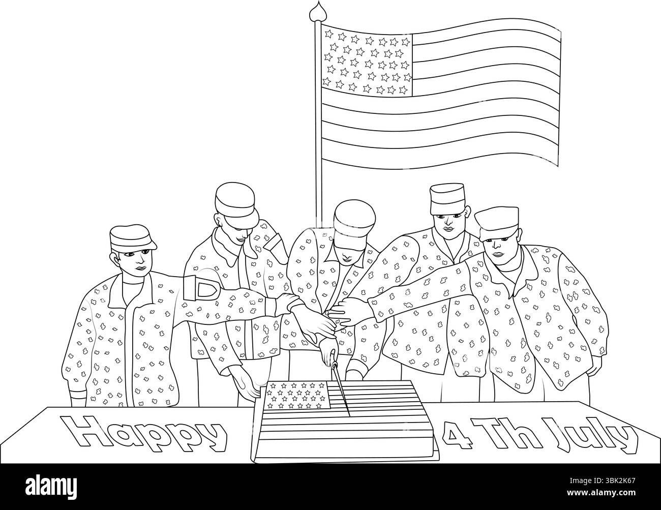 Semplice illustrazione in linea di soldati che celebrano il giorno dell'indipendenza tagliando una torta decorata con la bandiera americana. Presenta una grande bandiera statunitense e. Illustrazione Vettoriale
