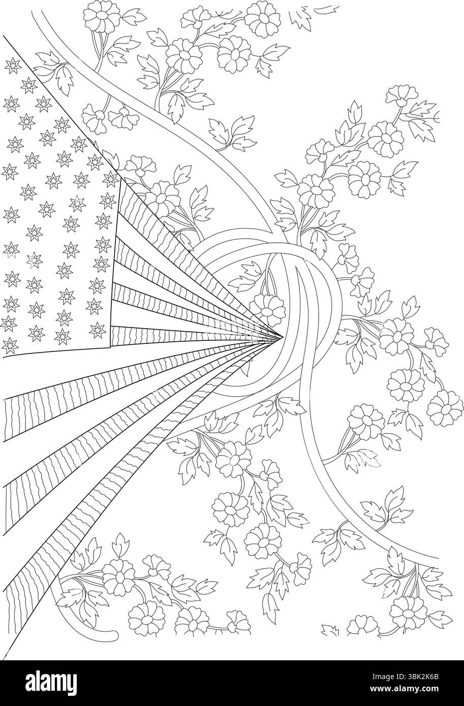 Illustrazione in bianco e nero che combina elementi astratti della bandiera degli Stati Uniti con motivi floreali decorativi, adatta per il celebr dell'Independence Day Illustrazione Vettoriale