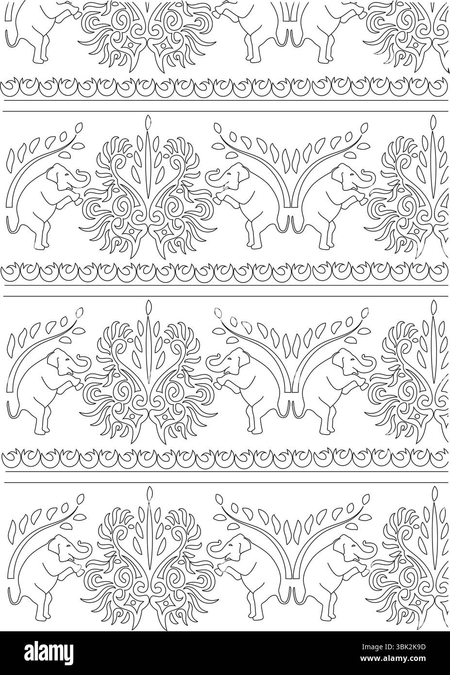 Un bordo decorativo senza cuciture caratterizzato da un motivo indiano ripetuto con elefanti, alberi stilizzati o fogliame ed elementi ornamentali vorticosi. Presente Illustrazione Vettoriale