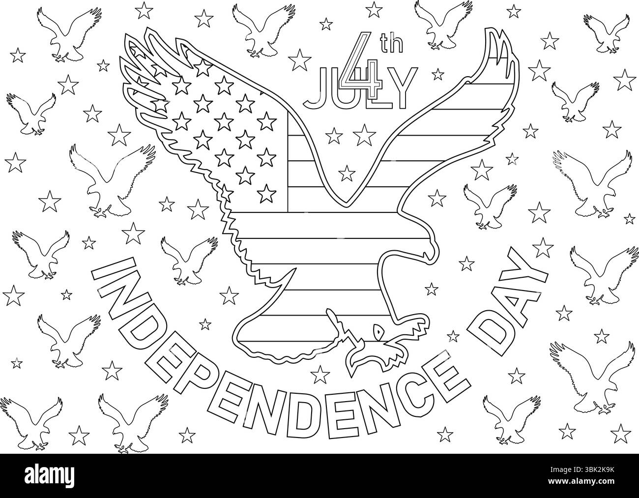 Illustrazione in bianco e nero per l'Independence Day, con un'aquila calva sovrapposta al motivo della bandiera degli Stati Uniti, circondata da stelle e testo Illustrazione Vettoriale