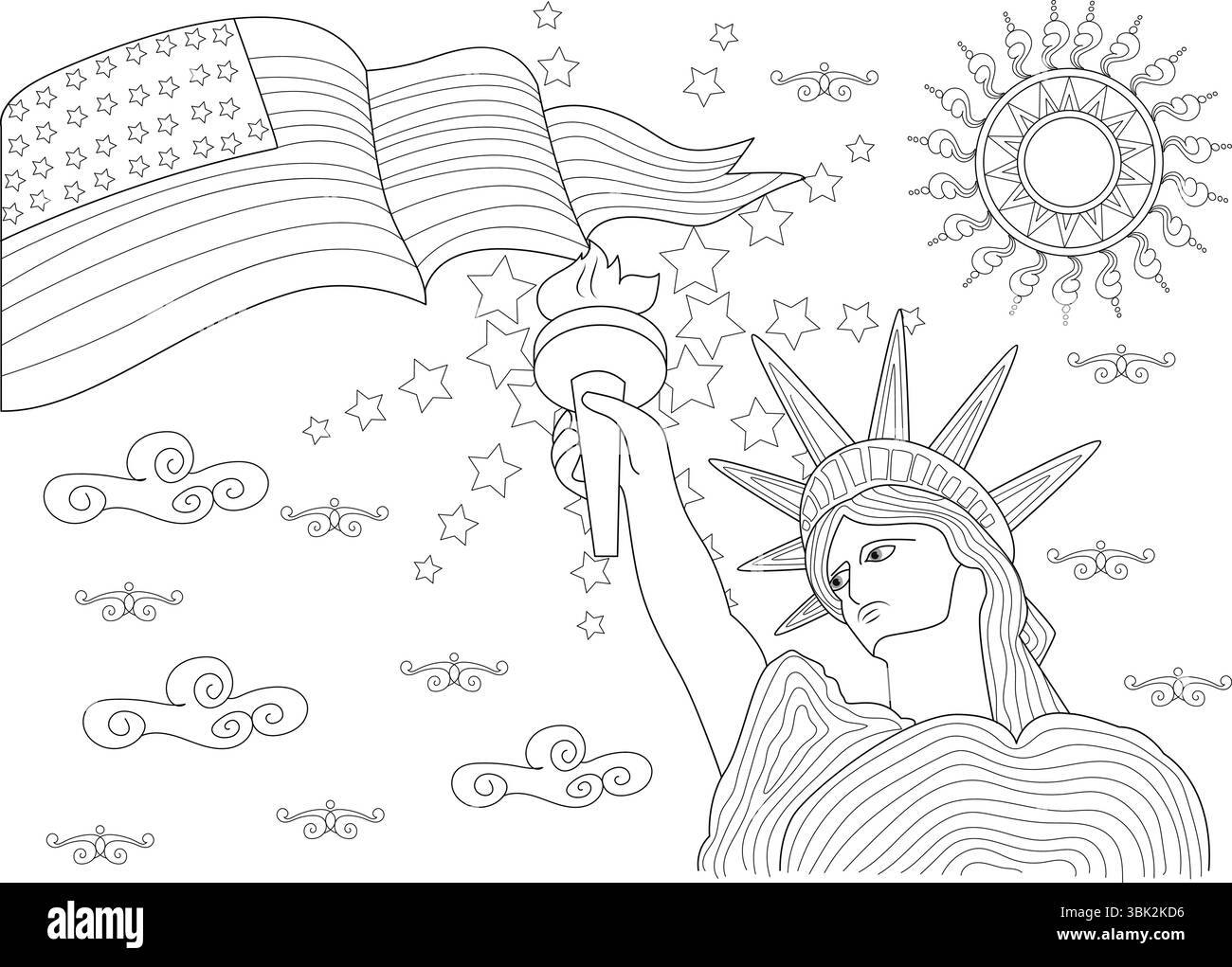 Linee in bianco e nero raffiguranti l'Independence Day con la Statua della libertà che regge una torcia con una bandiera americana, circondata da st Illustrazione Vettoriale