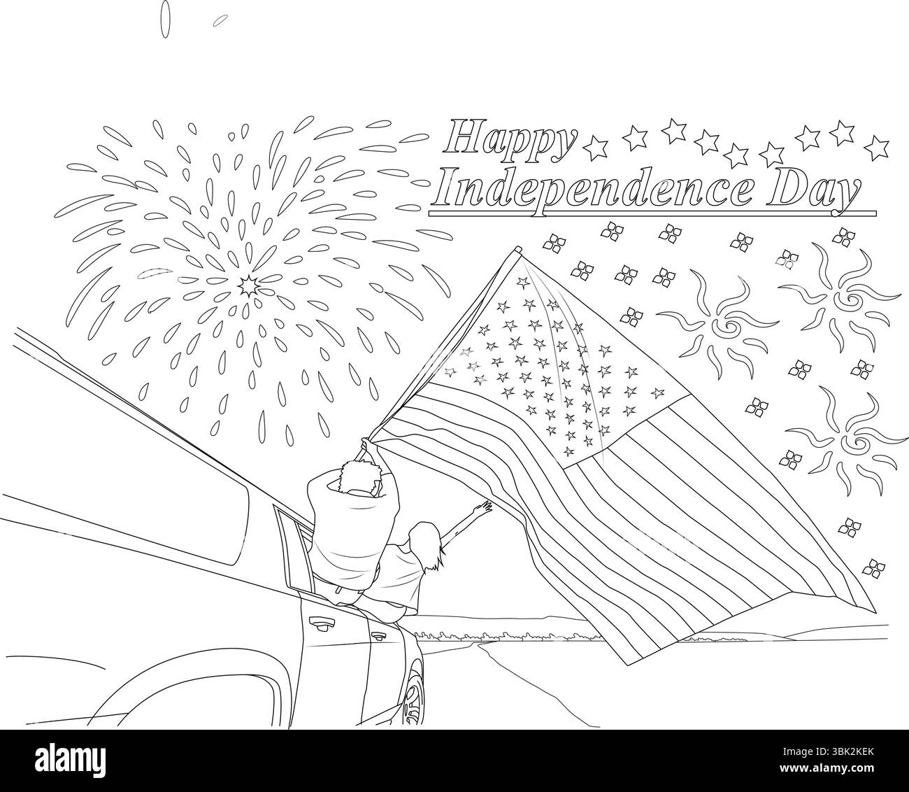 Illustrazione in linea bianca e nera per colorare, raffigurante due persone con una grande bandiera americana accanto a un'auto su una strada, con fuochi d'artificio e fes Illustrazione Vettoriale