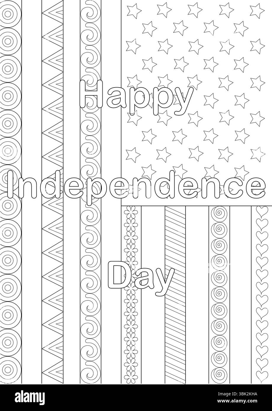 Una pagina da colorare in bianco e nero con il testo Happy Independence Day sovrapposto a modelli patriottici astratti che ricordano elementi della bandiera americana, Illustrazione Vettoriale