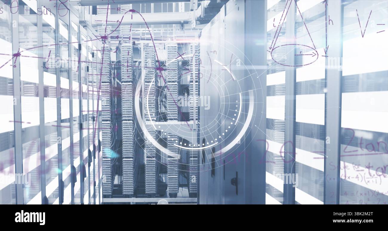 Mostra il corridoio del server rack con unità lampeggianti nel data center con cavi e sovrapposizione HUD Foto Stock