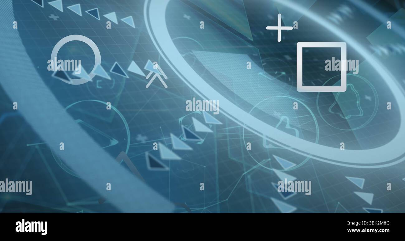 Visualizzazione degli anelli nel pannello di controllo VR con frecce, icone quadrate, linee della griglia e linee di rete Foto Stock