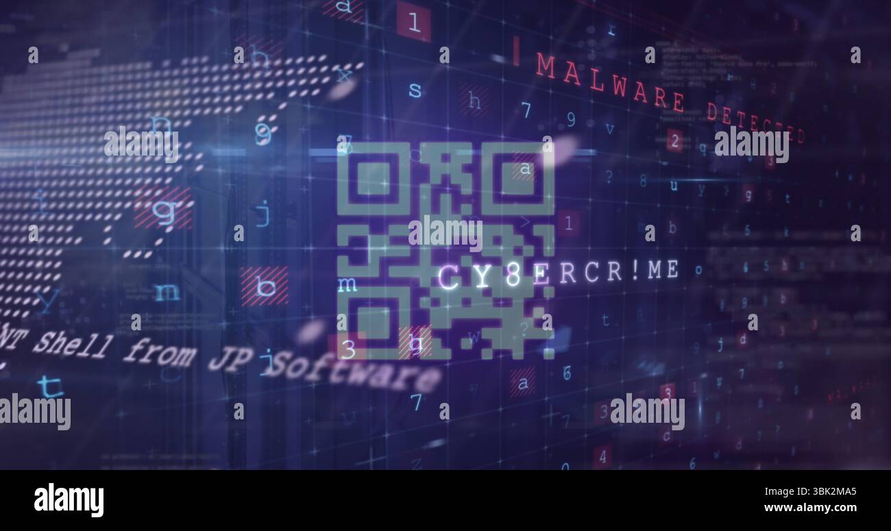 Codice QR verde al neon che si sovrappone alla mappa mondiale nella rete di circuiti, con frammenti di codice e avvisi malware Foto Stock