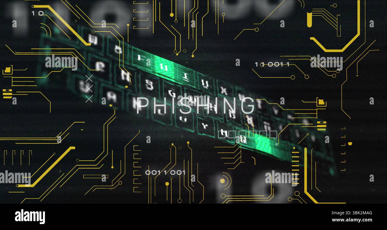 Tastiera mobile illuminata con tasti retroilluminati verdi nell'interfaccia cyber, che mostra le lettere di phishing Foto Stock