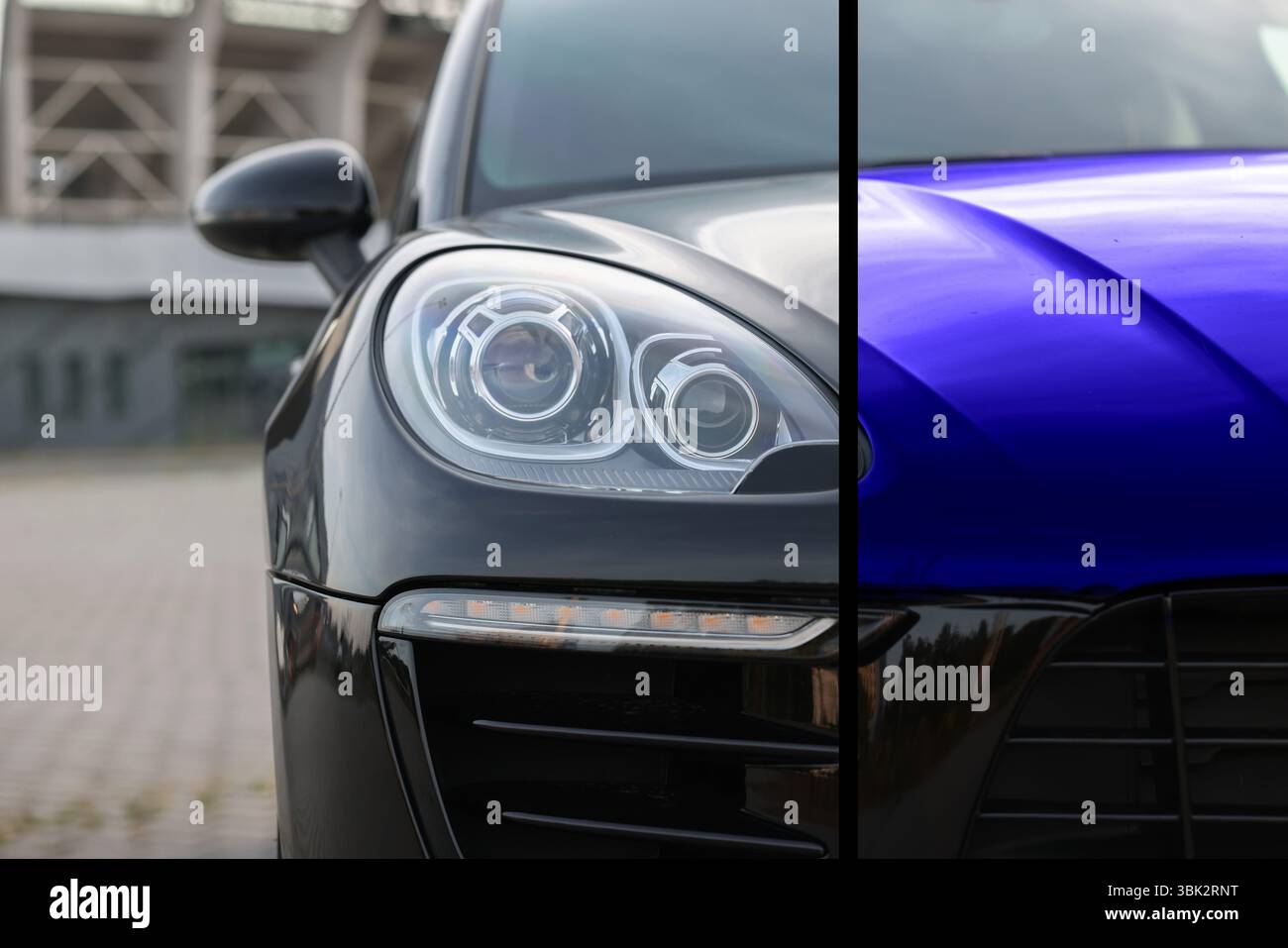 Moderno nero automatico prima e blu dopo aver dipinto all'aperto, primo piano. Collage comparativo di riverniciatura auto Foto Stock