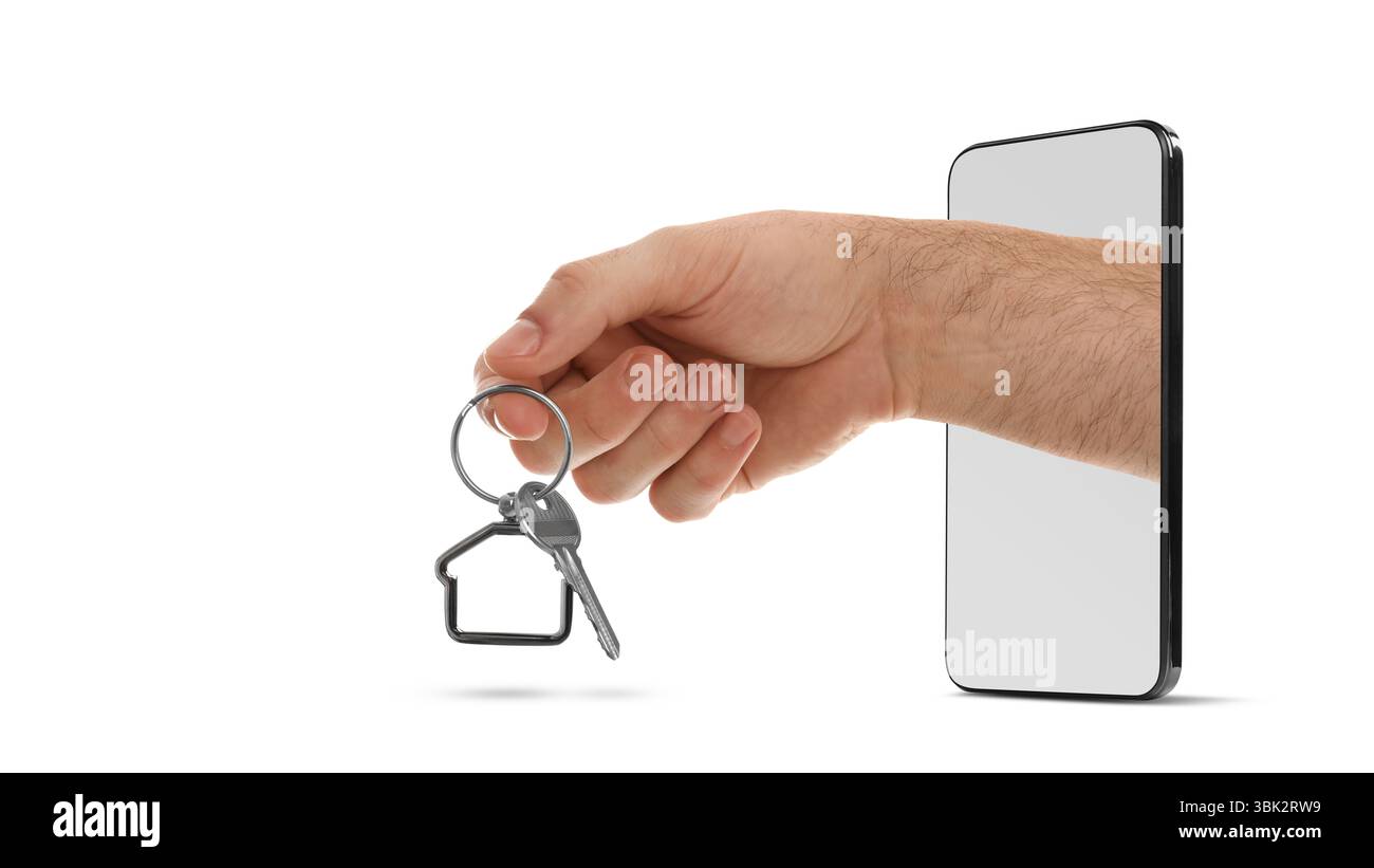 Mano dell'uomo con chiave che fuoriesce dallo smartphone su sfondo bianco, design banner. Servizi immobiliari online Foto Stock