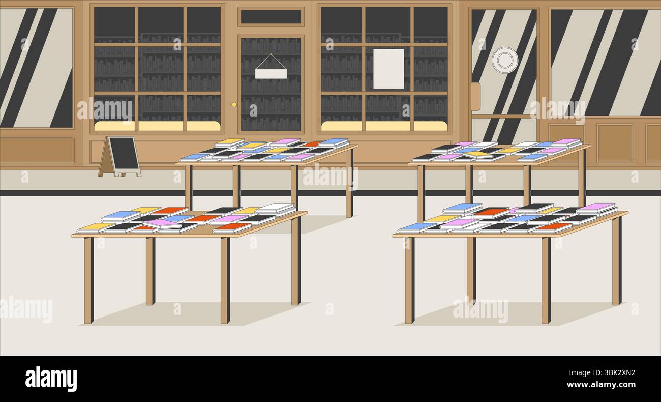 Interno della libreria vuoto con tabelle di visualizzazione sfondo piatto dell'illustrazione Illustrazione Vettoriale Interno della libreria vuoto con tabelle di visualizzazione sfondo piatto dell'illustrazione Illustrazione Vettoriale