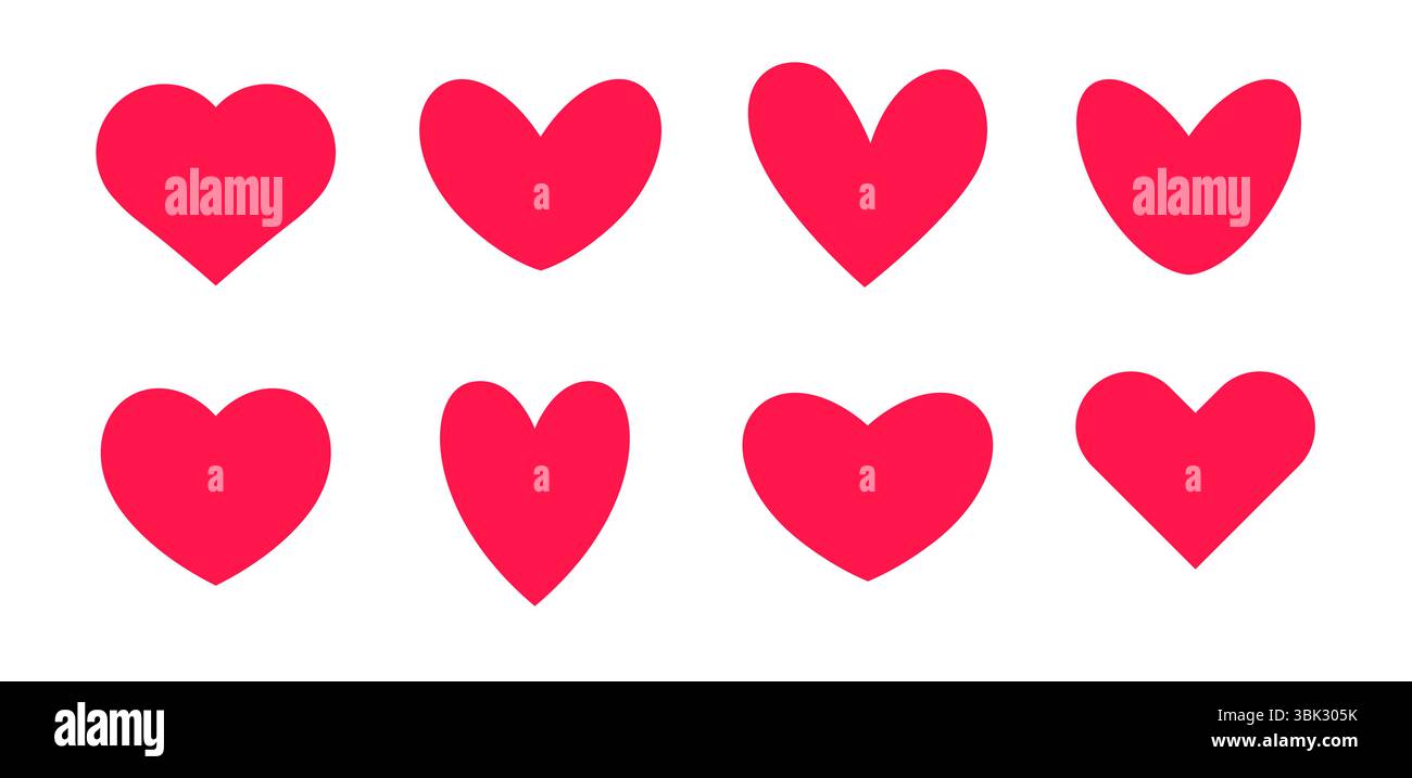 Set di icone a cuore rosso romantico per San Valentino, messaggi d'amore, biglietti da visita, disegni di auguri, adesivi romantici, chat digitale, lettere romantiche Illustrazione Vettoriale