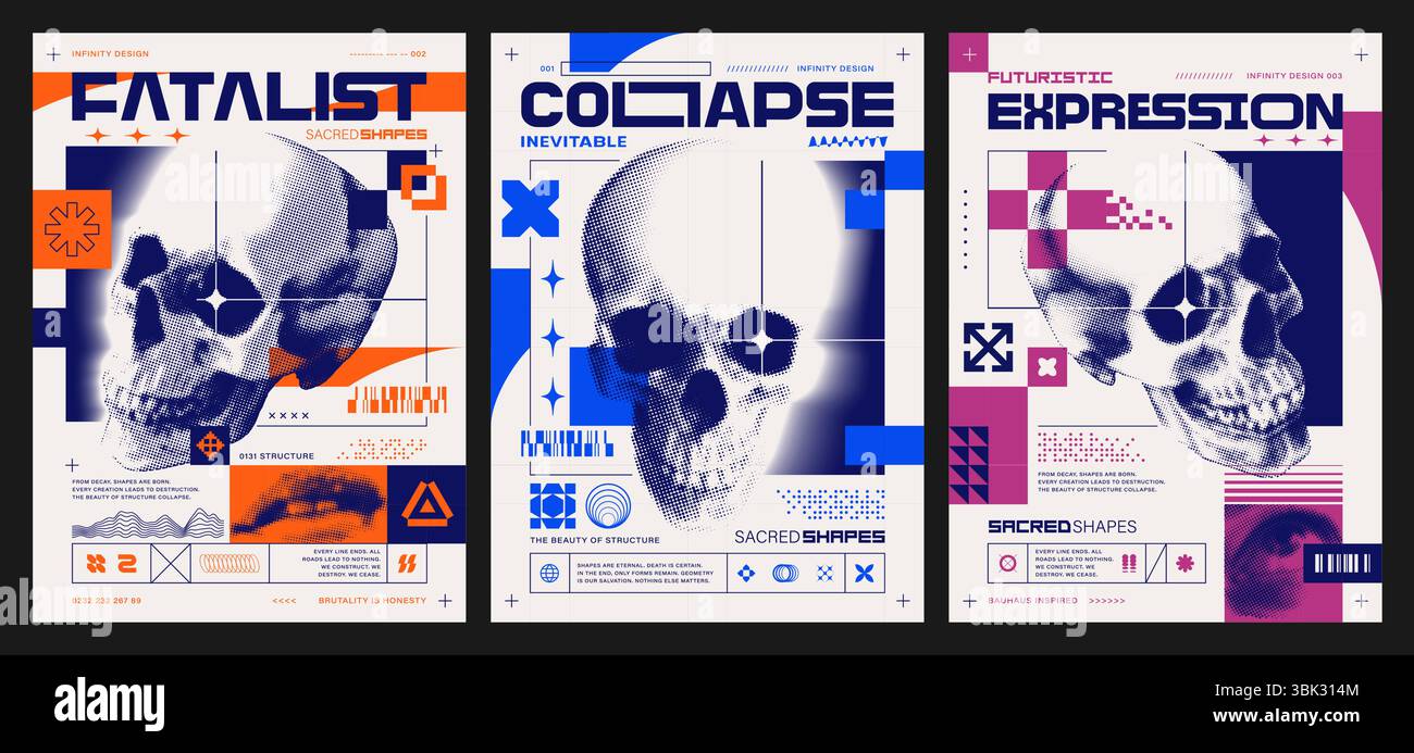 Tre modelli di design per poster brutali. Teschi mezzitoni con forme geometriche astratte, tipografia audace, simboli grafici minimalisti e bauhaus. Stile postmoderno. Grafico vettoriale EPS10. Illustrazione Vettoriale