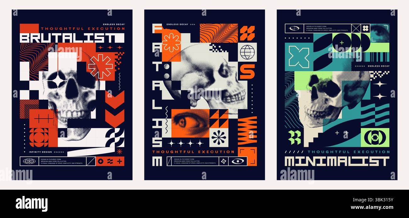 Tre modelli di design per poster brutali. Teschi mezzitoni con forme geometriche astratte, tipografia audace, simboli grafici minimalisti e bauhaus. Stile postmoderno. Grafico vettoriale EPS10. Illustrazione Vettoriale