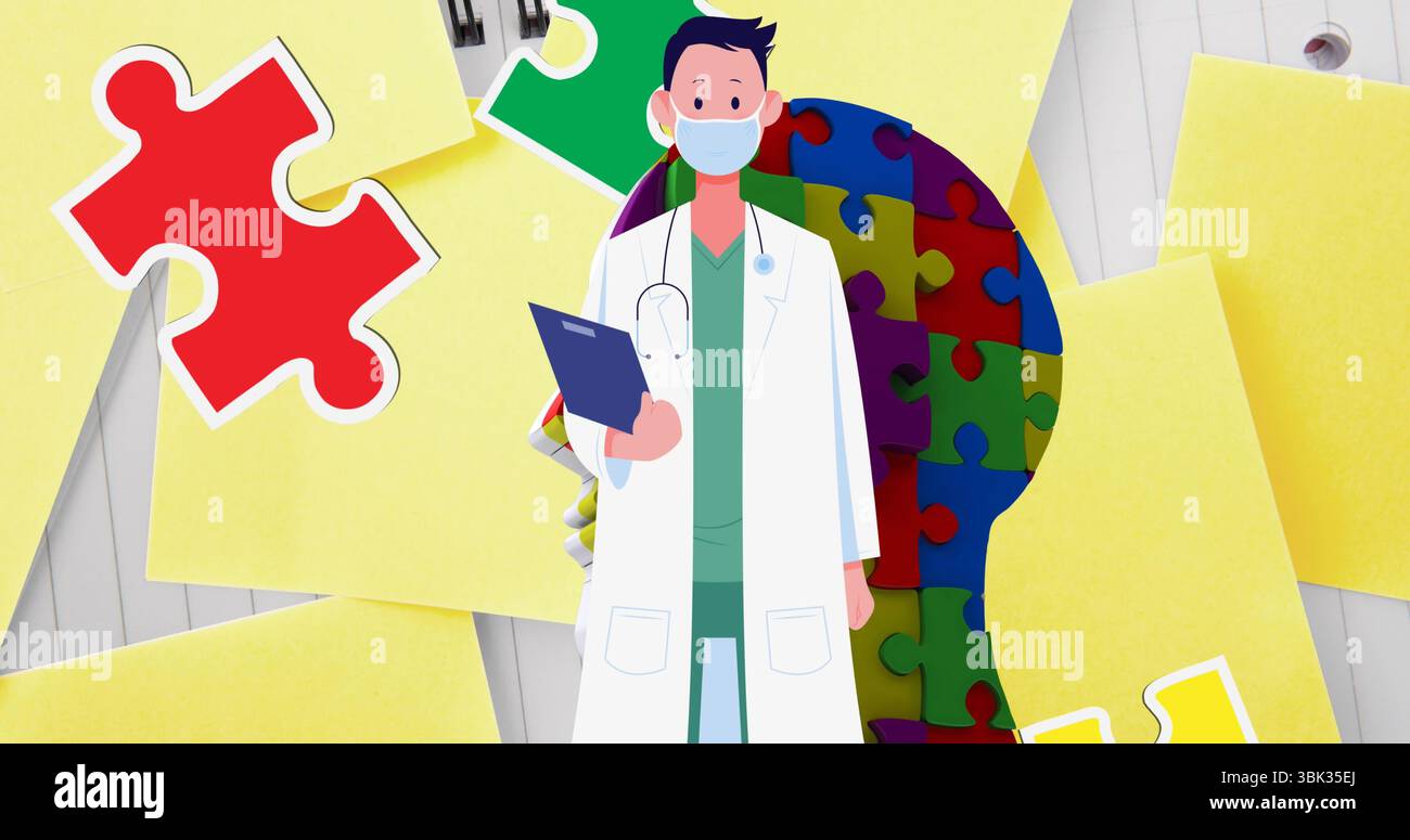 Medico che indossa un camice da laboratorio che trasporta appunti e stetoscopio sullo sfondo della silhouette della testa del puzzle Foto Stock