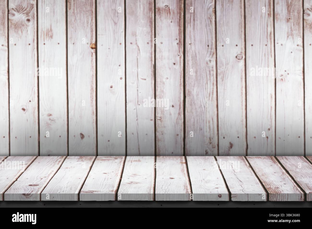 Lo sfondo in legno rustico e la superficie della tavola corrispondente sono mostrati in stile casale dal design piatto Foto Stock