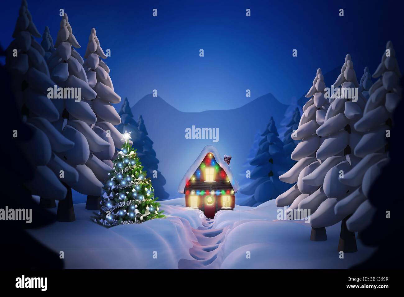 Vettore dal design piatto che mostra la cabina illuminata con luci accanto al pino sormontato dalle stelle sul sentiero innevato Foto Stock