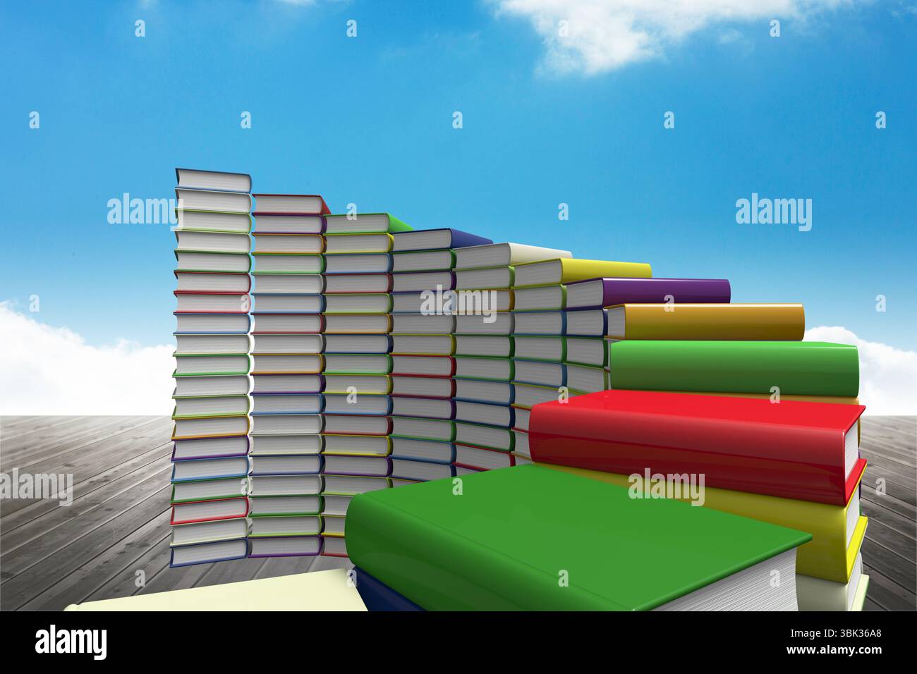 I libri con copertina rigida si impilano con motivi ondulati dal design piatto sul ponte in legno sotto il cielo blu nuvoloso Foto Stock