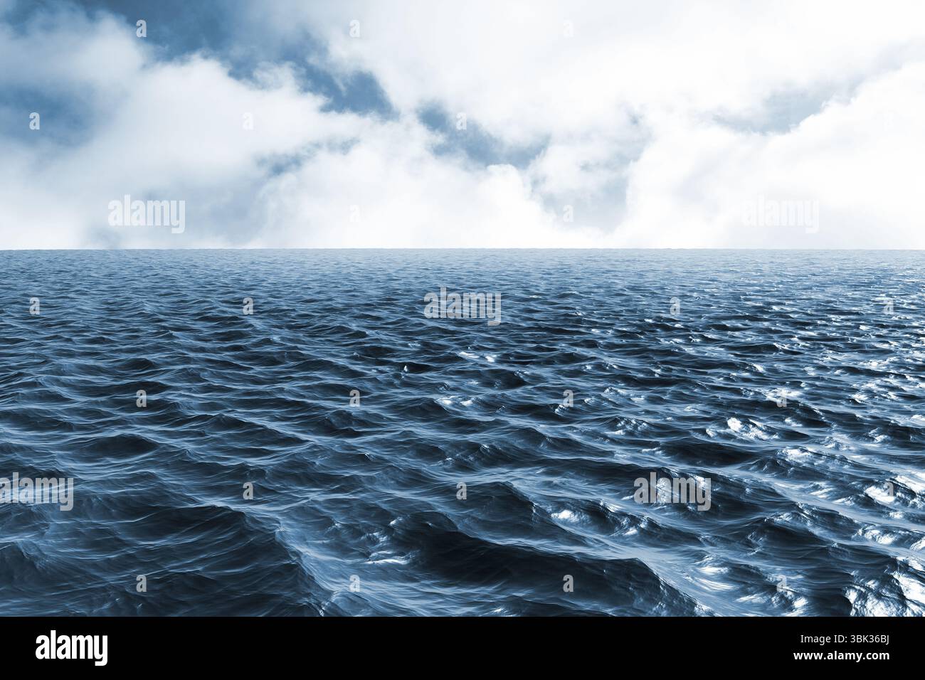 La superficie dell'oceano si estende fino all'orizzonte con un design piatto che riflette acqua e nuvole increspate Foto Stock