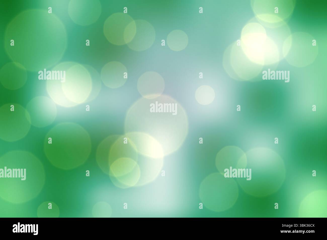 Il motivo bokeh bianco e verde astratto appare in un design piatto, con cerchi chiari sovrapposti Foto Stock