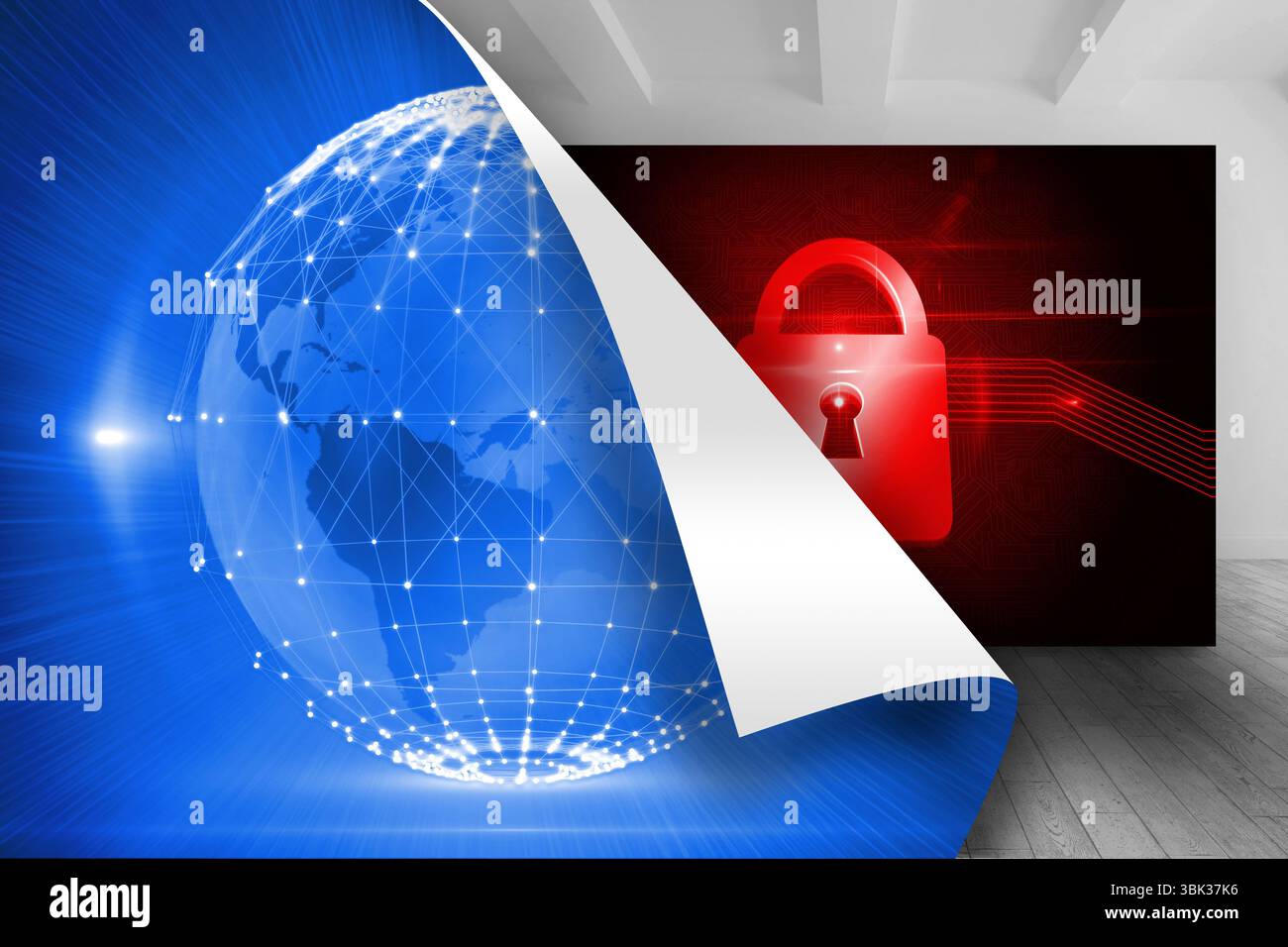 Sfondo blu con la terra sopra l'immagine del dispositivo di bloccaggio rosso Foto Stock