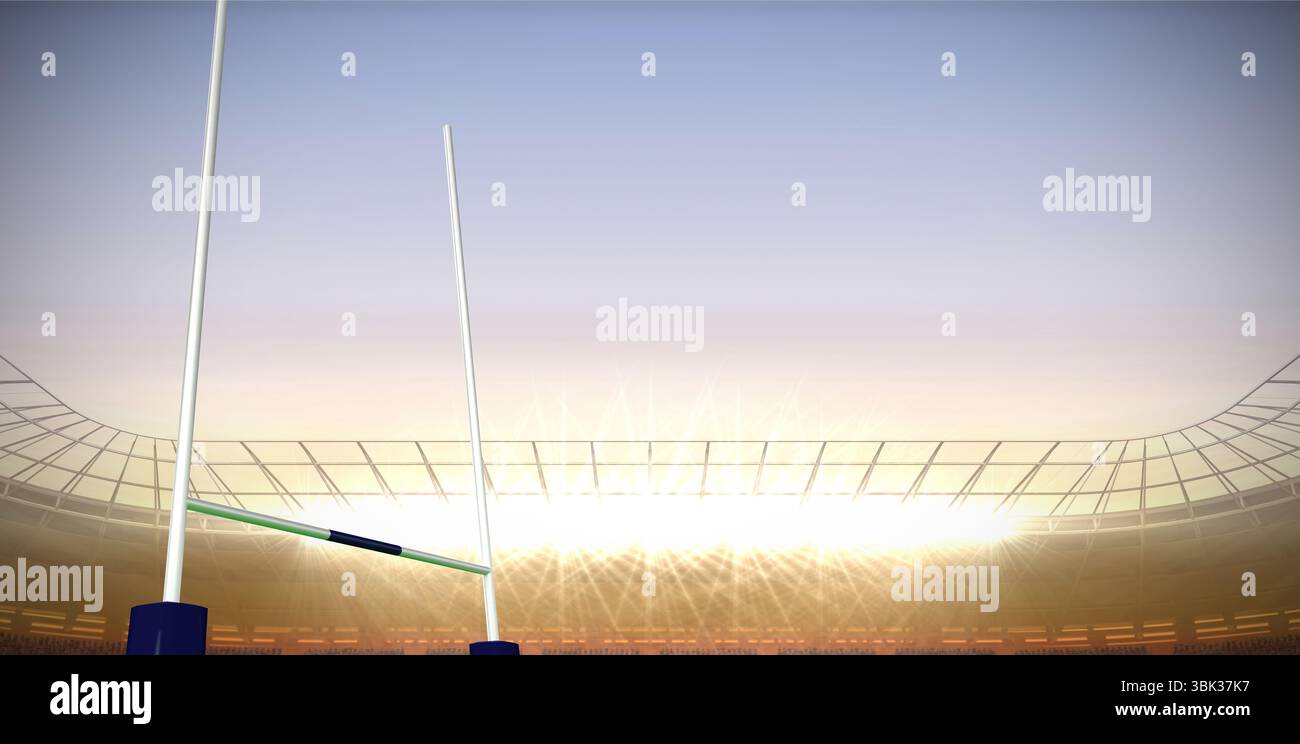 Il palo del Rugby si sta innalzando in uno stadio dal design piatto al crepuscolo con tetto curvo e proiettori Foto Stock