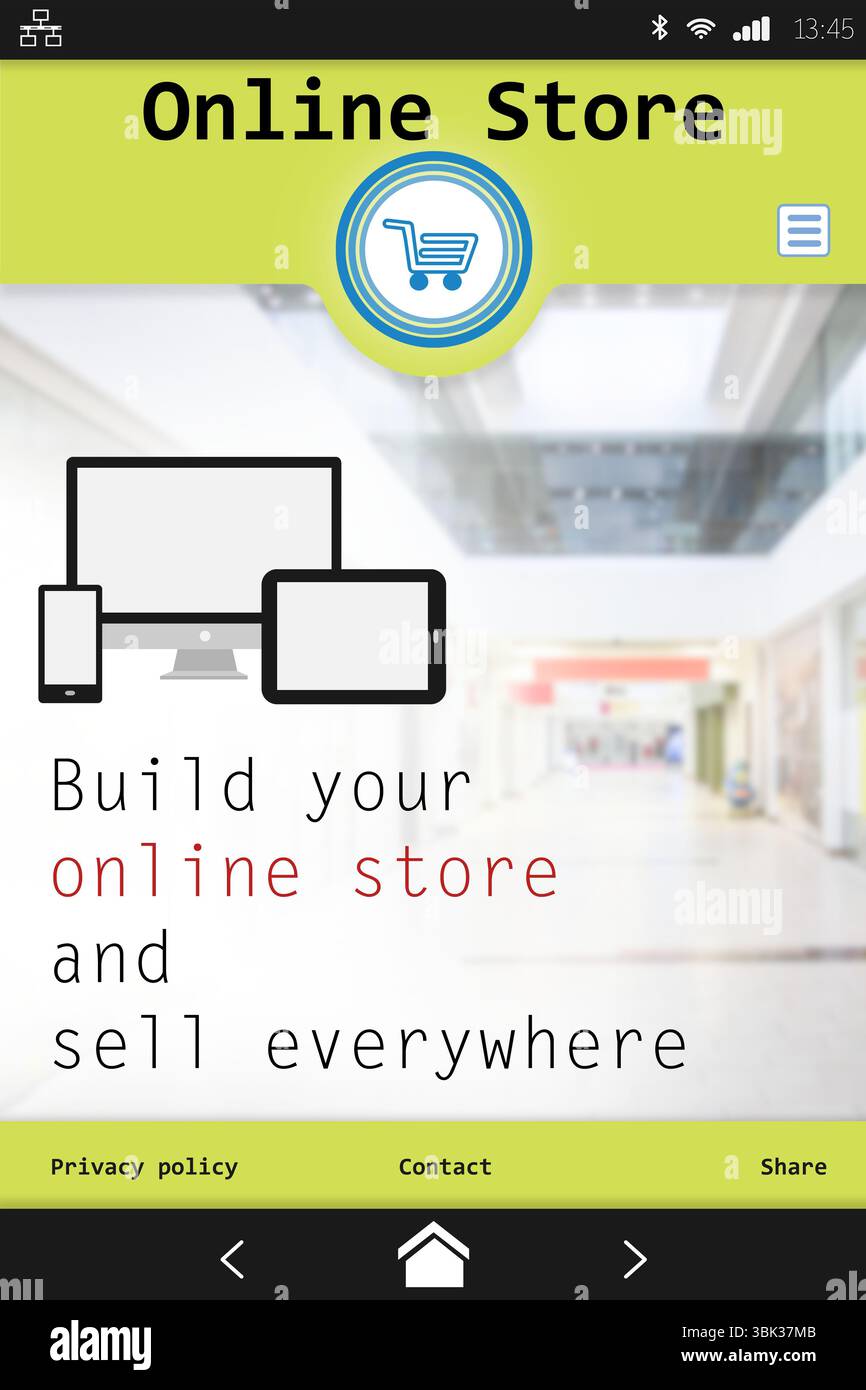 L'interfaccia utente mobile visualizza la pagina del negozio online su sfondo sfocato del centro commerciale con le icone del carrello e del dispositivo Foto Stock