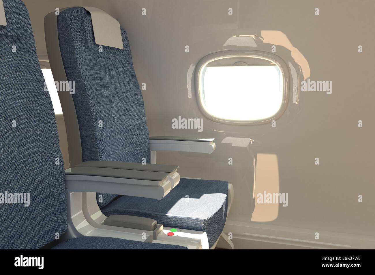 La coppia di sedili dell'aeroplano viene mostrata in una cabina dal design piatto, con finestra ovale e fodere dei poggiatesta Foto Stock