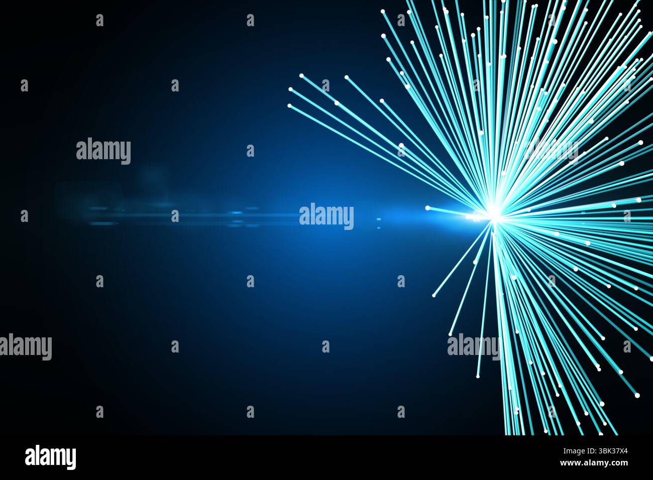 I fasci punteggiati turchesi piatti si irradiano dalla luce su gradiente blu, aggiungendo un riflesso orizzontale della lente Foto Stock