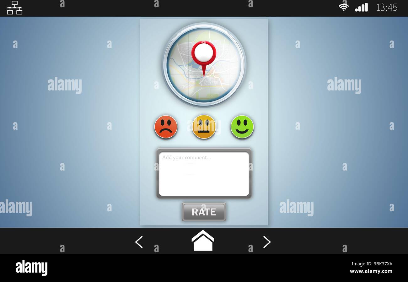 L'interfaccia utente piatta dello smartphone visualizza il pannello di classificazione con la mappa, i pulsanti emoji e lo spazio di copia Foto Stock