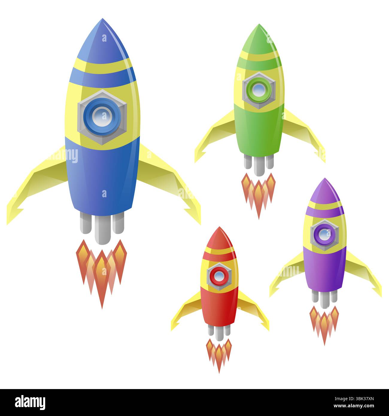 Quattro razzi stilizzati lanciano con fiamme arancioni su sfondo bianco e design piatto Foto Stock