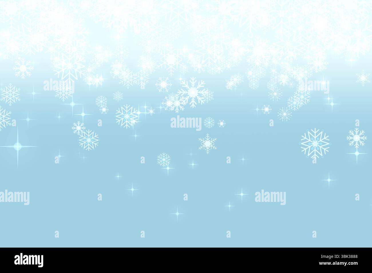 Il motivo del fiocco di neve si sta spostando sullo sfondo blu sfumato, con un design piatto e scintillanti scintillanti Foto Stock