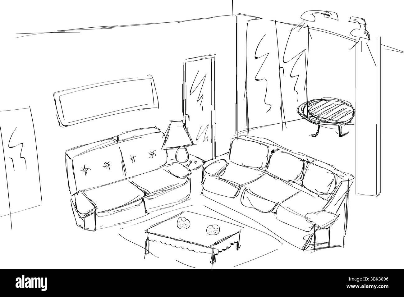 Il disegno in linea mostra l'interno del soggiorno, con due divani, tavolino da caffè e lampada da tavolo laterale Foto Stock