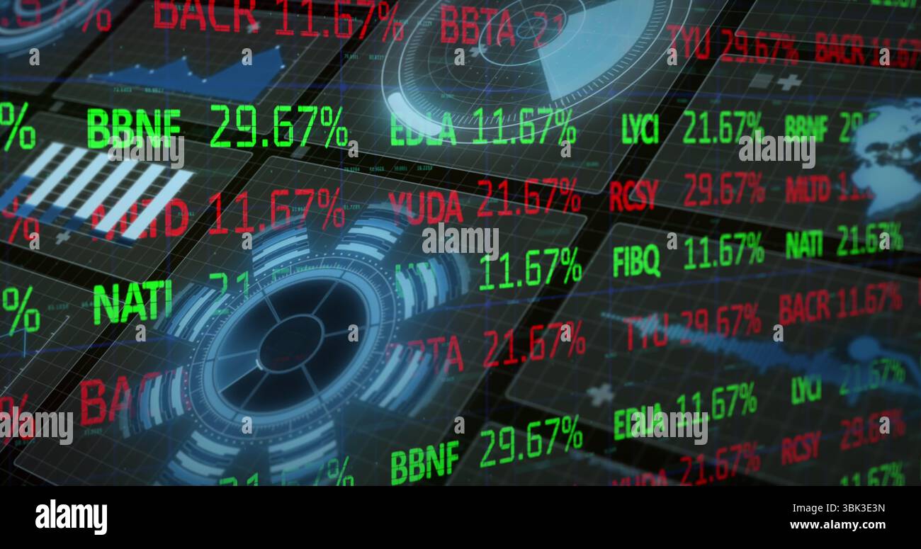 Interfaccia di trading che visualizza i dati di mercato su una griglia scura, con ticker mobili, grafici e mappa del mondo Foto Stock