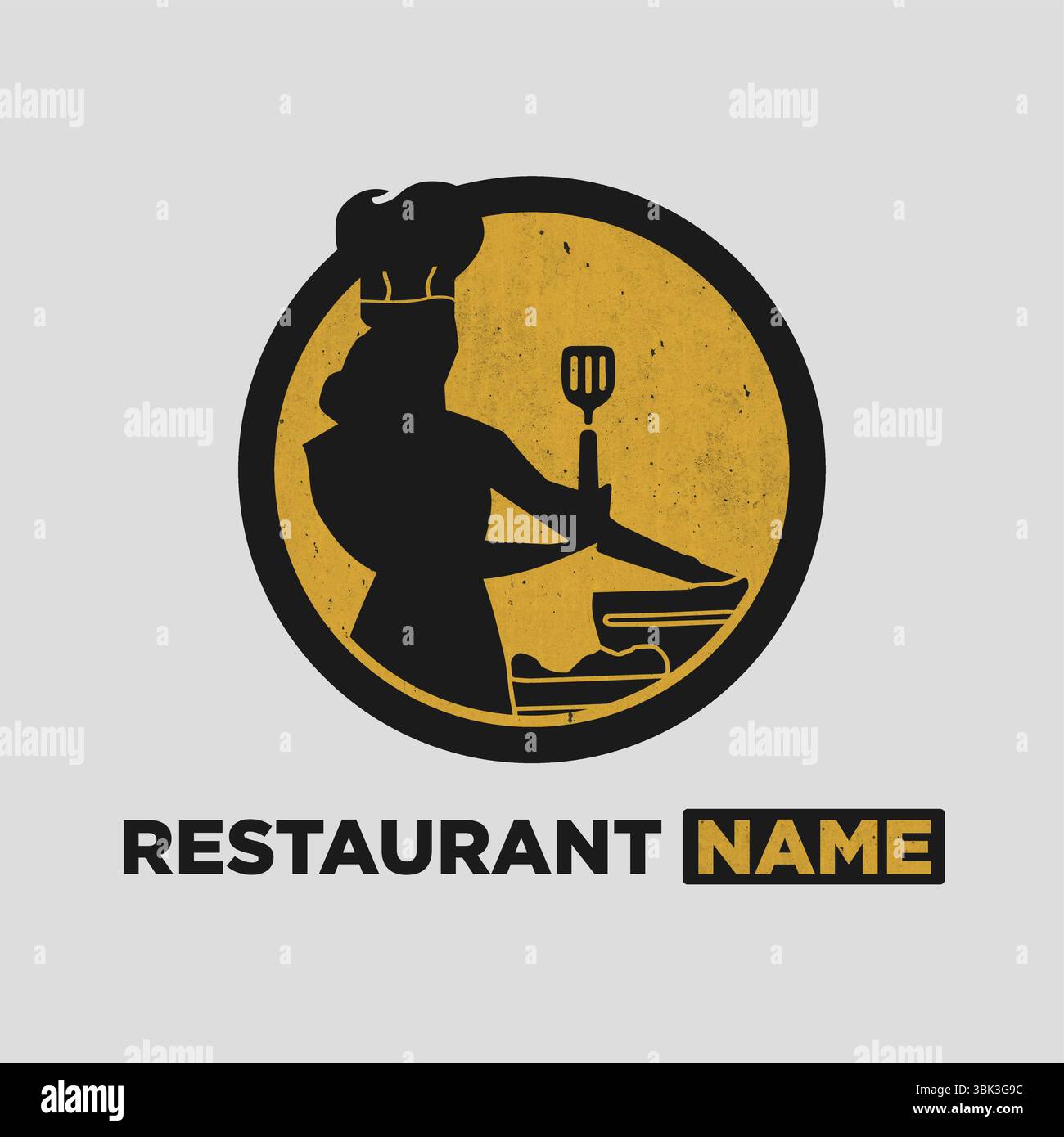 Logo del ristorante con silhouette da cuoco femminile che cucina con spatola nel design Black e Gold Circle Illustrazione Vettoriale