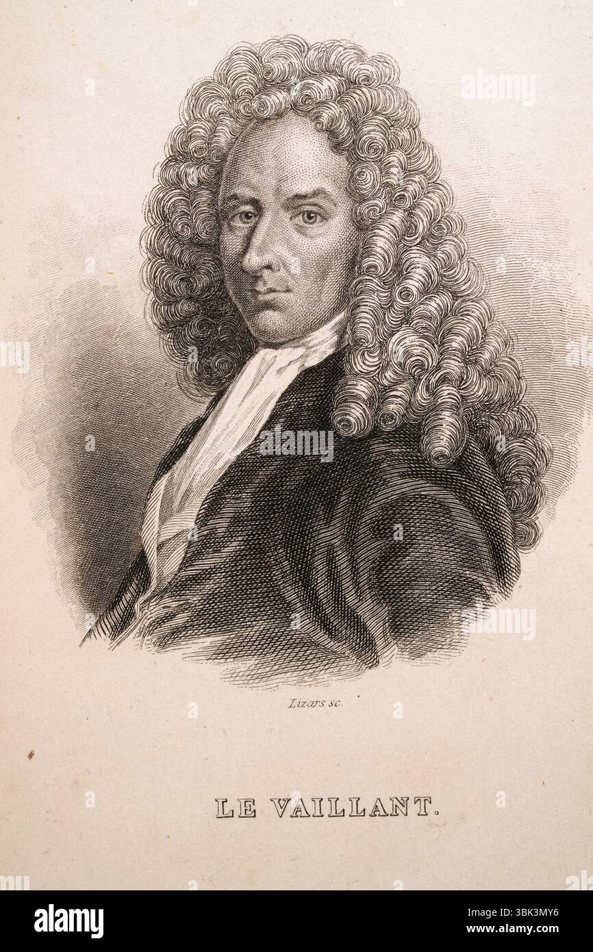 Francesco Levaillant dal 1753 al 1824, autore francese, esploratore, naturalista, collezionista zoologico, scrittore di viaggi e famoso ornitologo, illustrazione d'epoca Foto Stock