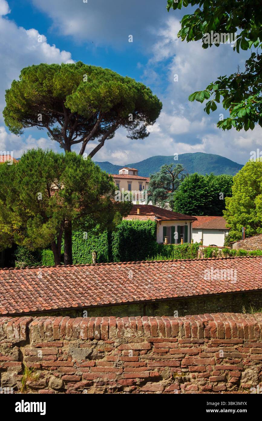 Lucca affascinante centro storico con il monte Pisano dal parco delle mura cittadine Foto Stock