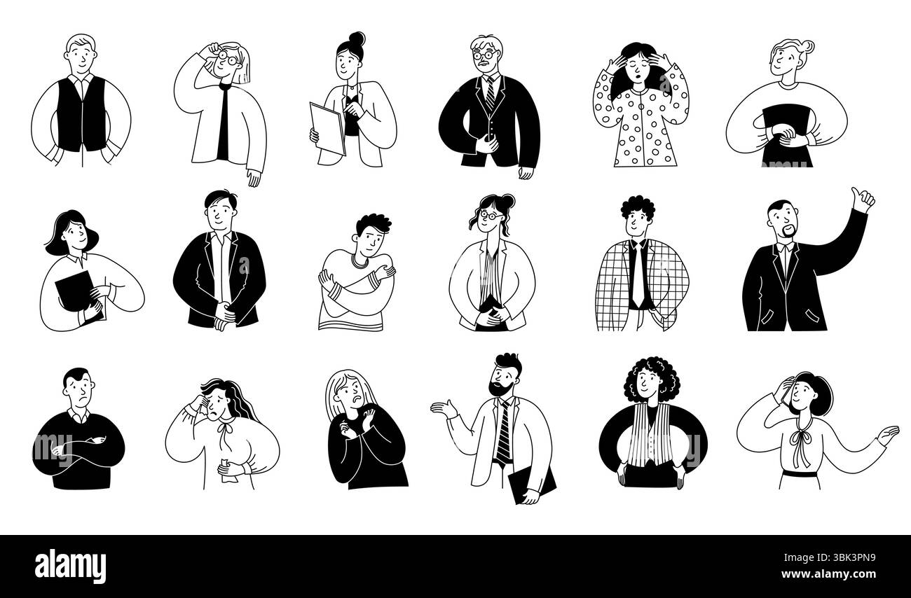 Espressione della persona dello schizzo. Line le emozioni delle persone, Office man donne lavoratori ritratti espressivi con volti emotivi. Sentimenti tristi e felici per i vettori Illustrazione Vettoriale